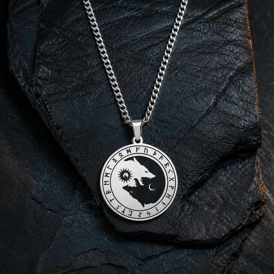 Steel Wolfbound twin wolf necklace on weathered black leather