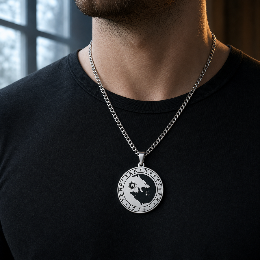 Steel Wolfbound twin wolf medallion necklace worn over a black shirt