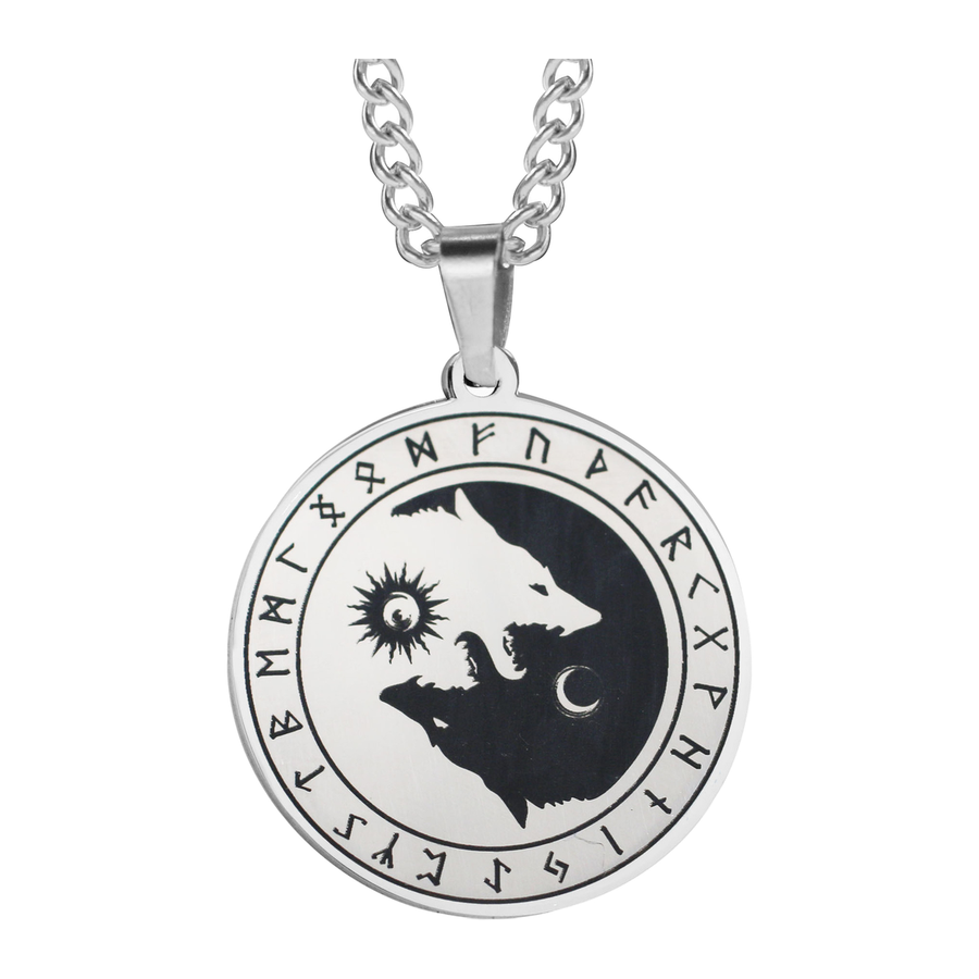 Steel Wolfbound medallion showing twin wolves, sun, moon, and rune-like border