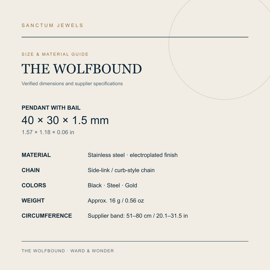 The Wolfbound verified pendant size, material, chain, colors, and weight guide
