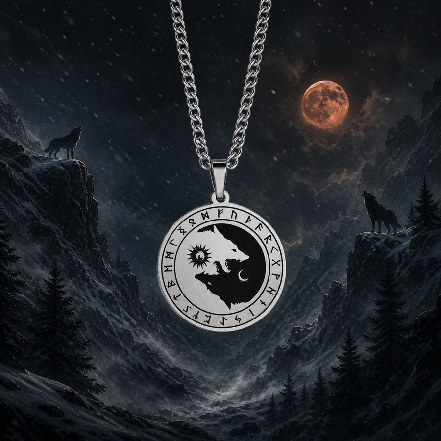 The Wolfbound medallion between two wolves under a winter moon