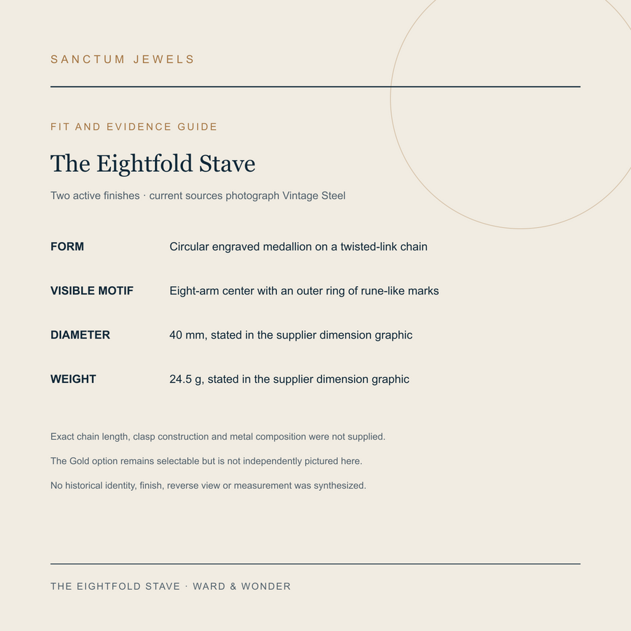 The Eightfold Stave necklace size and available evidence guide in English