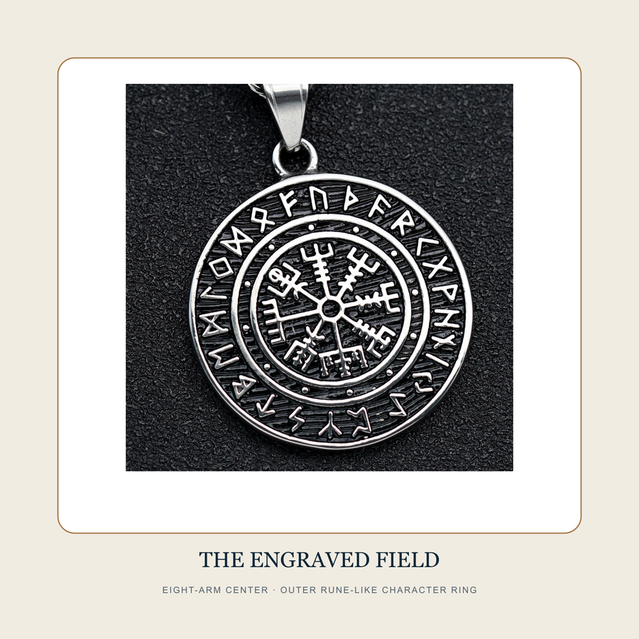 Detail view of the eight-arm center and outer rune-like marks on The Eightfold Stave medallion
