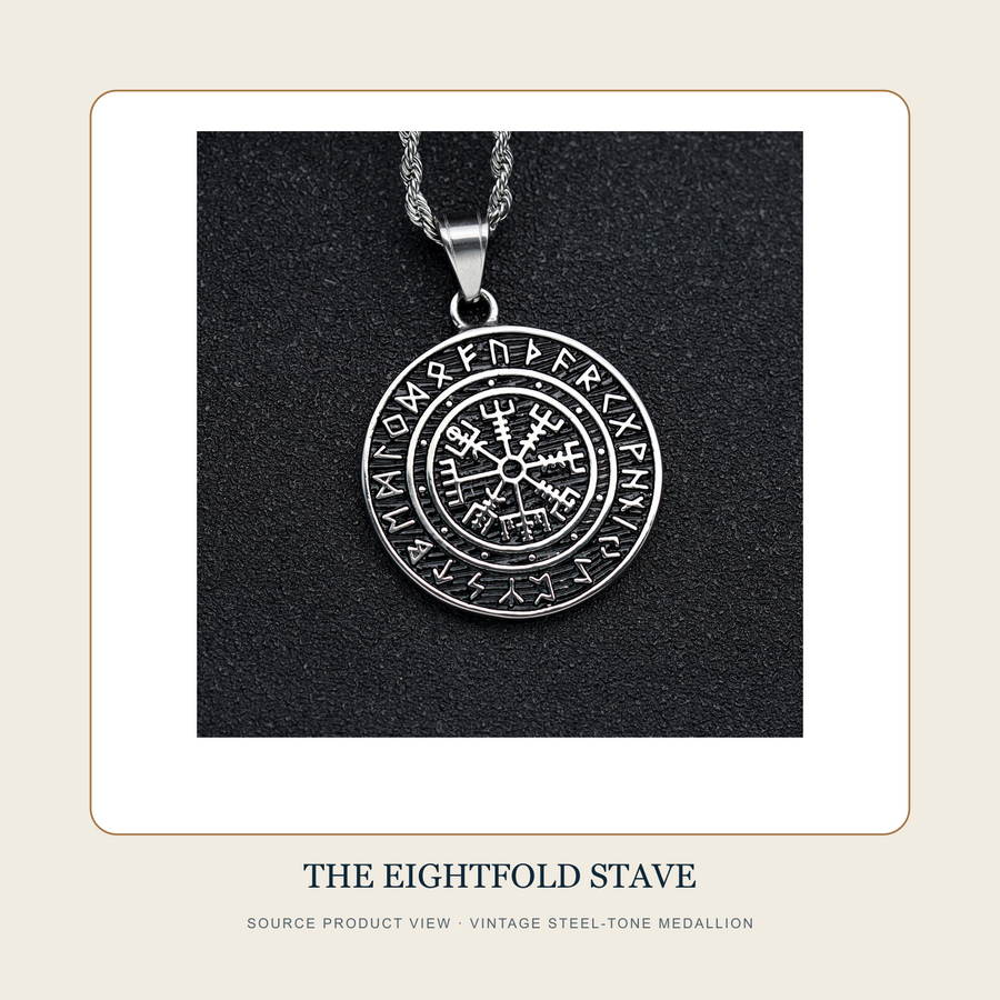 Source product view of The Eightfold Stave vintage steel-tone circular engraved medallion necklace