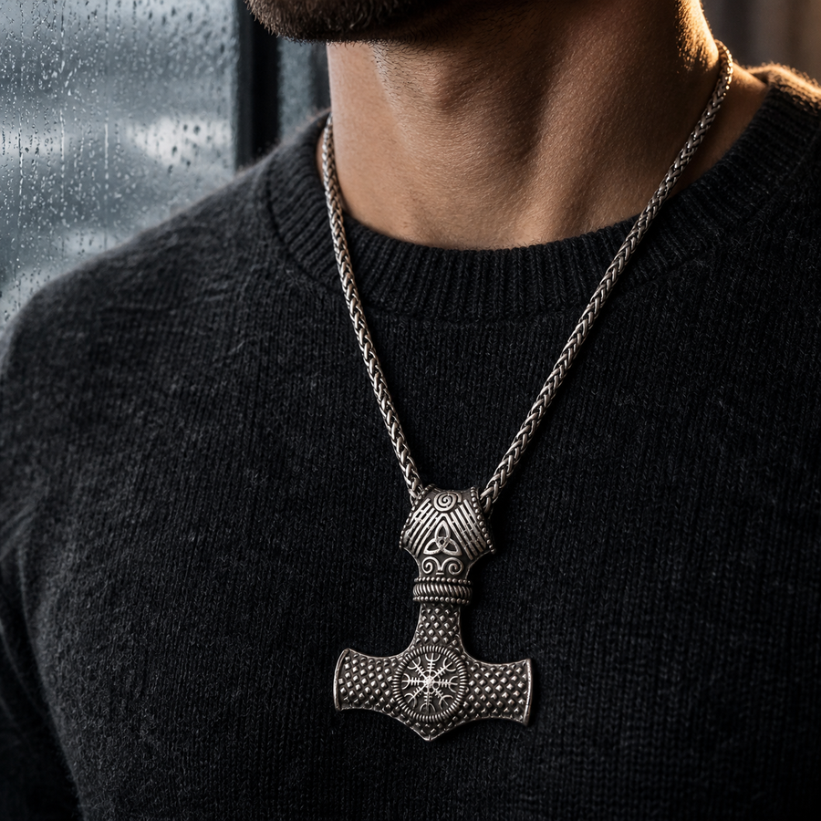 Antique steel Stormhammer necklace worn over a charcoal knit shirt