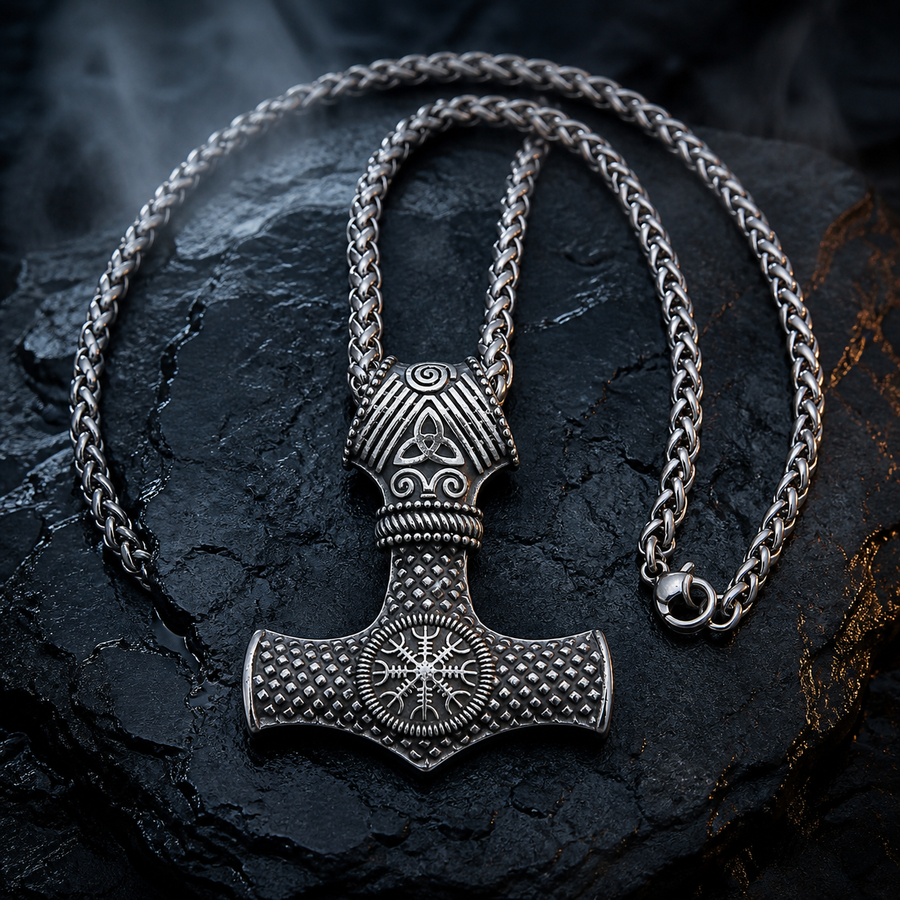 Antique steel Stormhammer necklace on wet dark slate