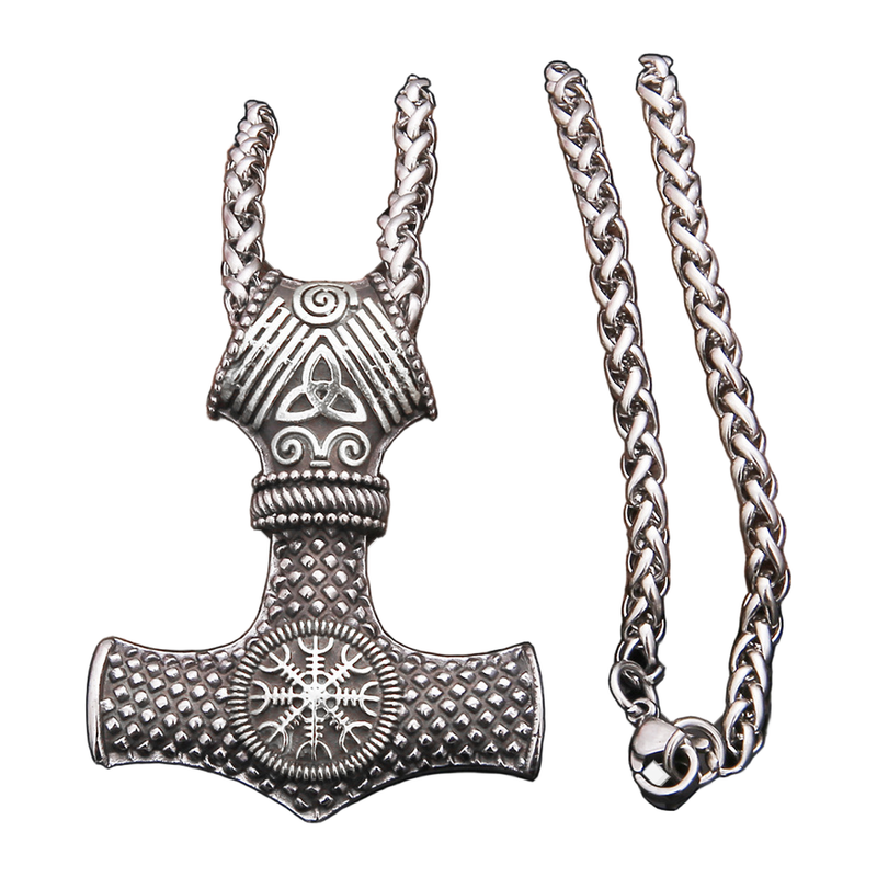 Antique steel Stormhammer pendant and woven chain, complete product view