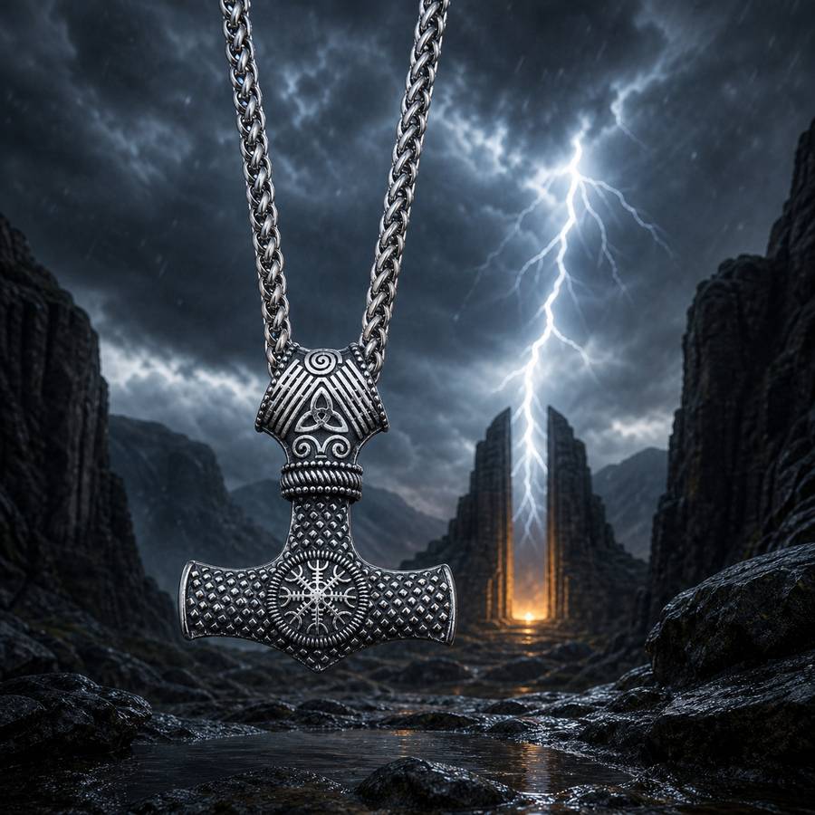 The Stormhammer necklace before a lightning-lit mountain gate