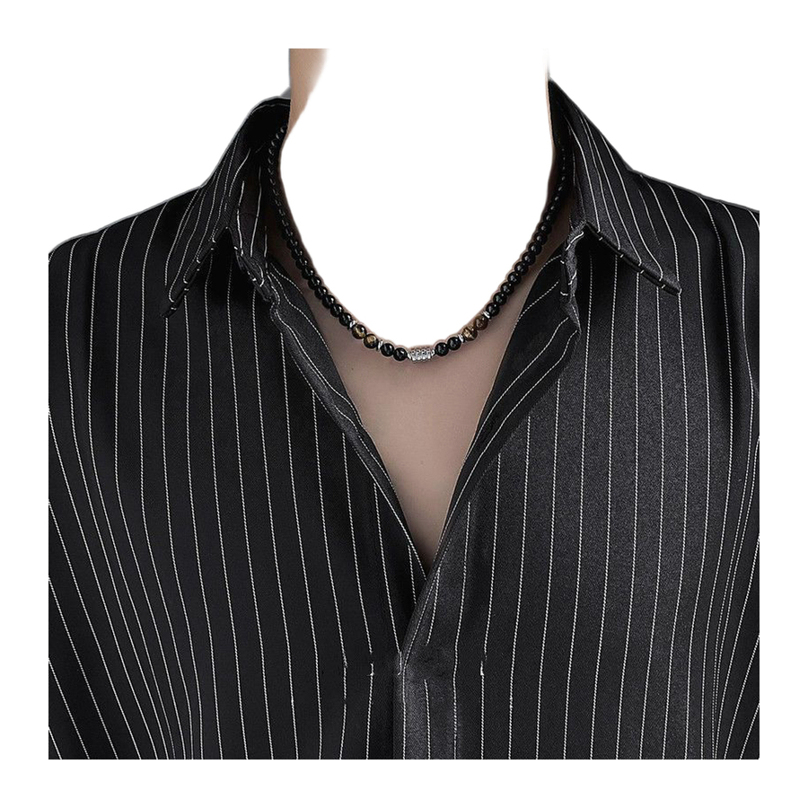The Anchor Stone bead necklace styled with a black pinstripe shirt