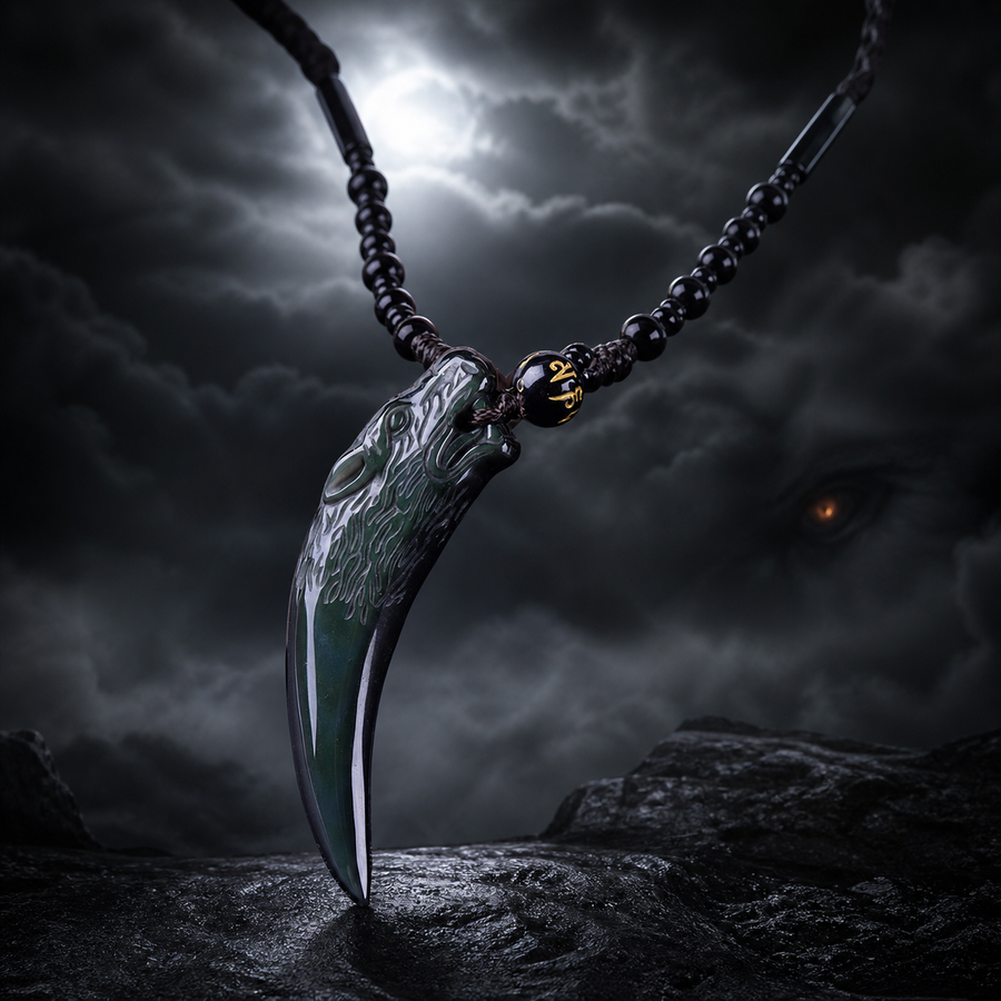 The Wolf Tooth necklace in a moonlit storm scene inspired by the Watcher story