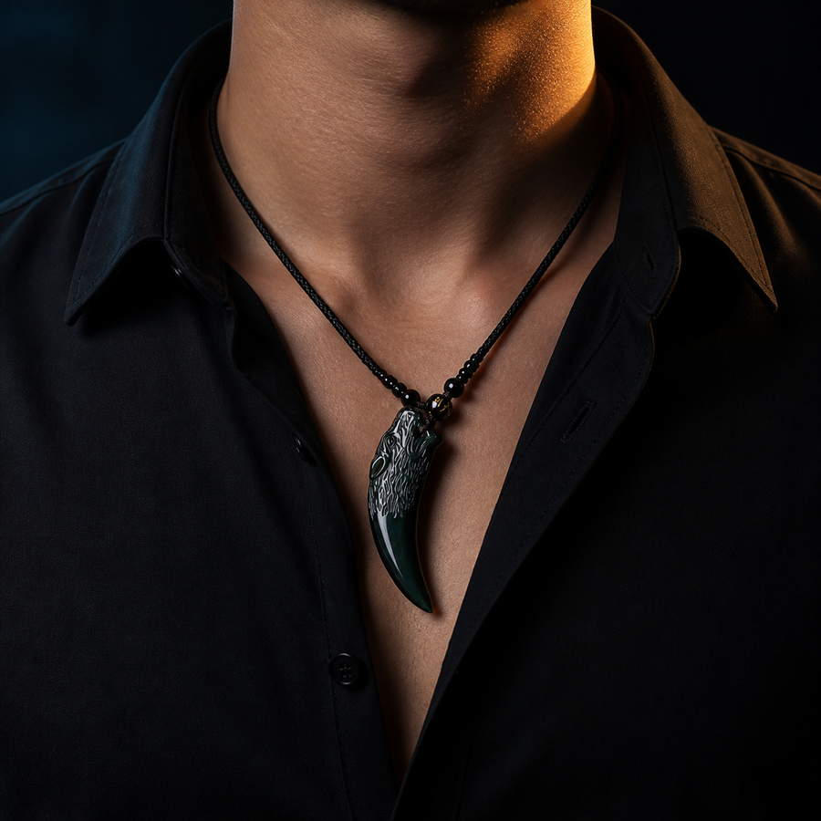 The Wolf Tooth fang pendant worn on an adjustable dark cord with a black shirt