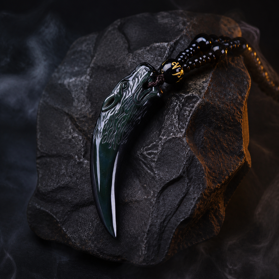 The Wolf Tooth carved dark fang necklace photographed on a charcoal stone slab