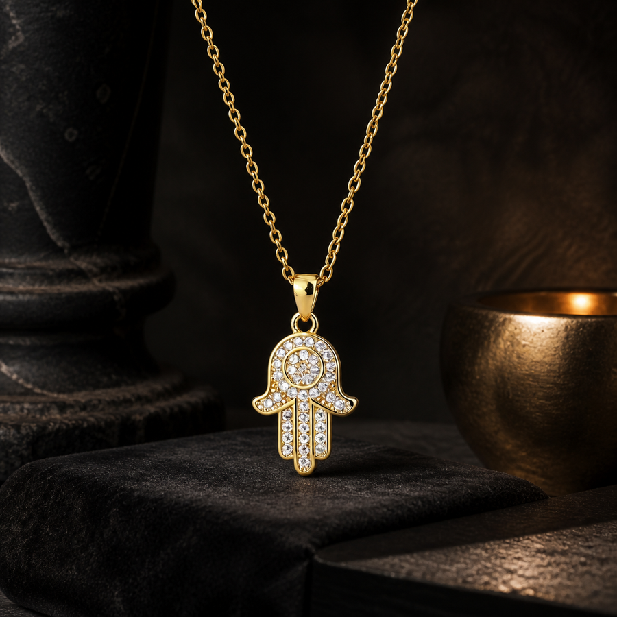 The Gilded Palm Yellow Gold color hand pendant photographed on a dark altar-like setting