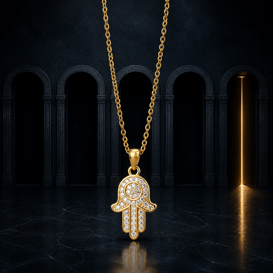 The Gilded Palm hand pendant before five shadowed doors in its fictional story