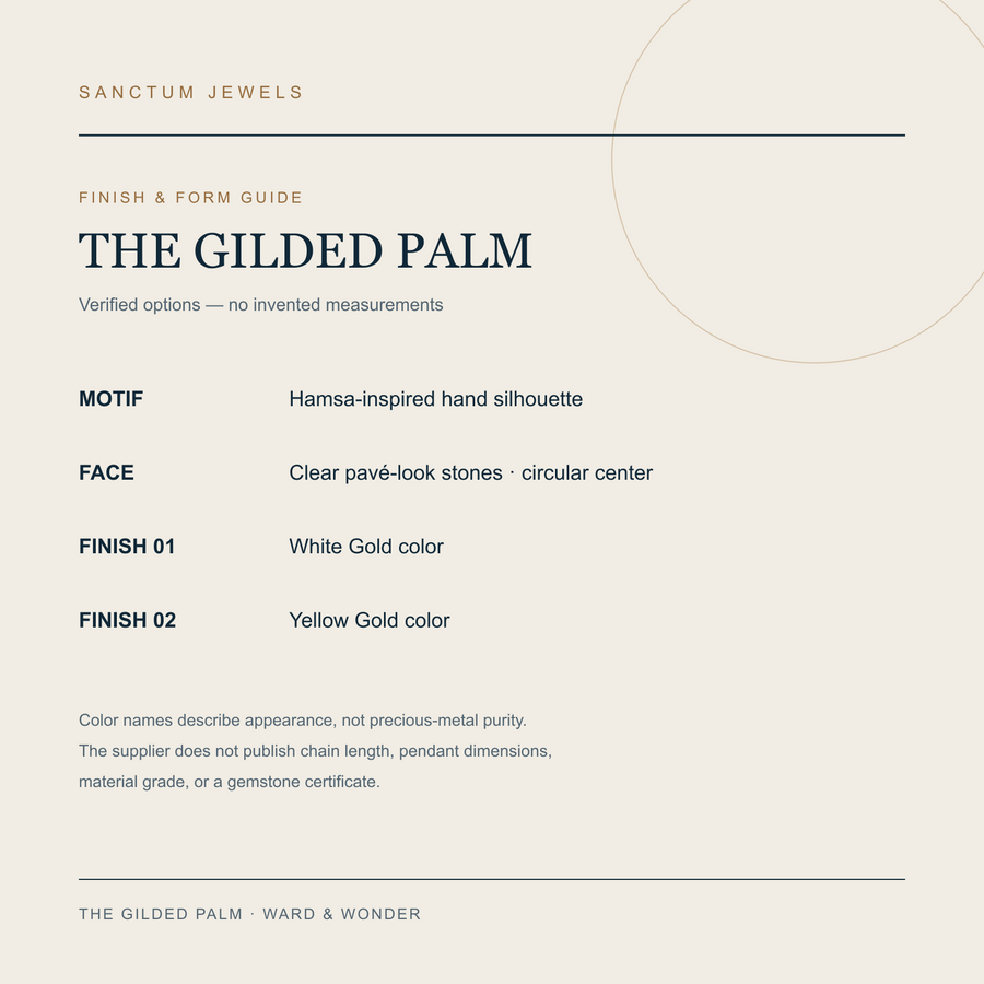 The Gilded Palm verified finish and pendant form guide in English