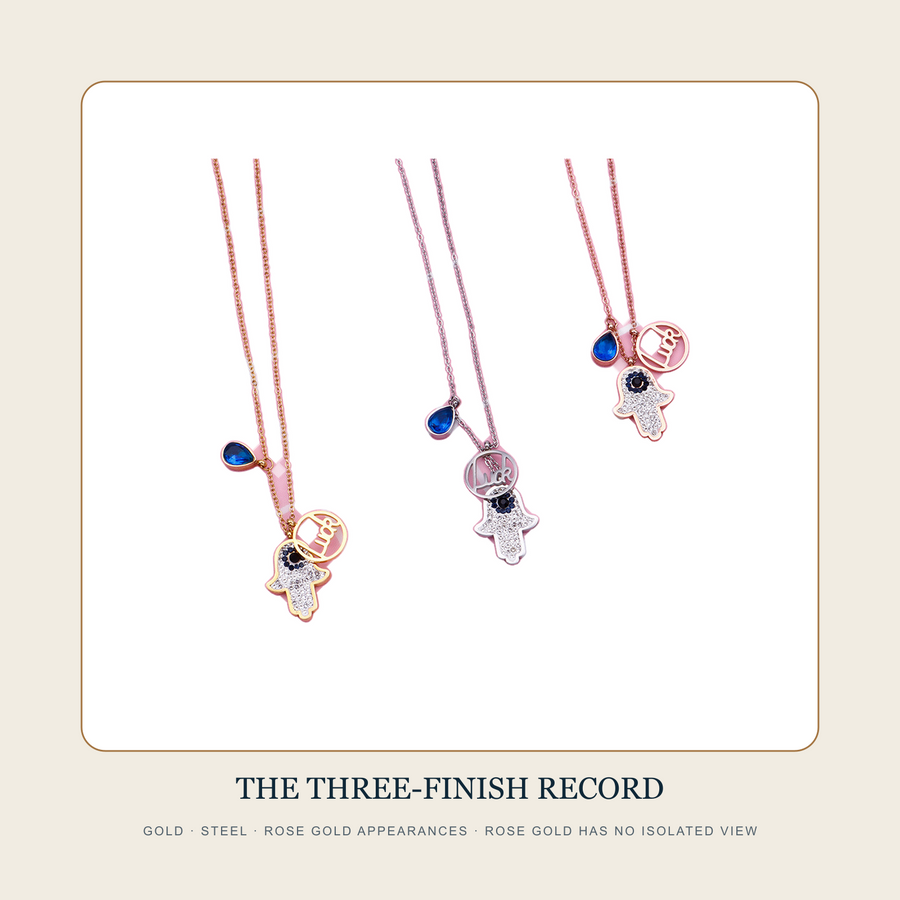 Source comparison of Gold, Steel and Rose Gold multi-charm necklace appearances