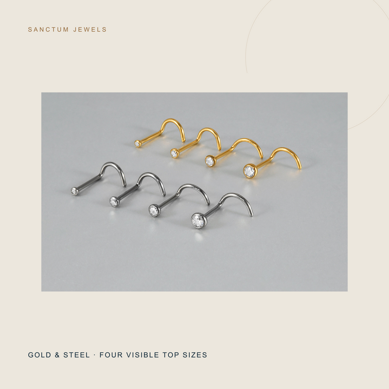 Gold and Steel Sunspot L-bend nose studs in four visible top sizes