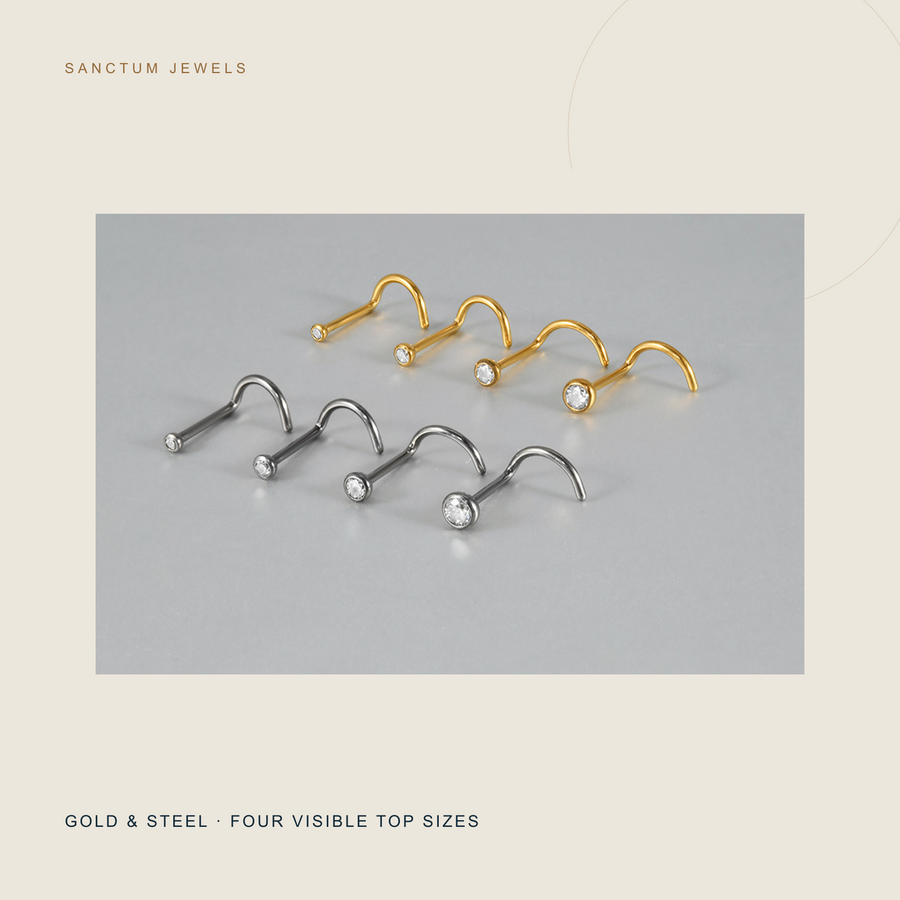 Gold and Steel Sunspot L-bend nose studs in four visible top sizes
