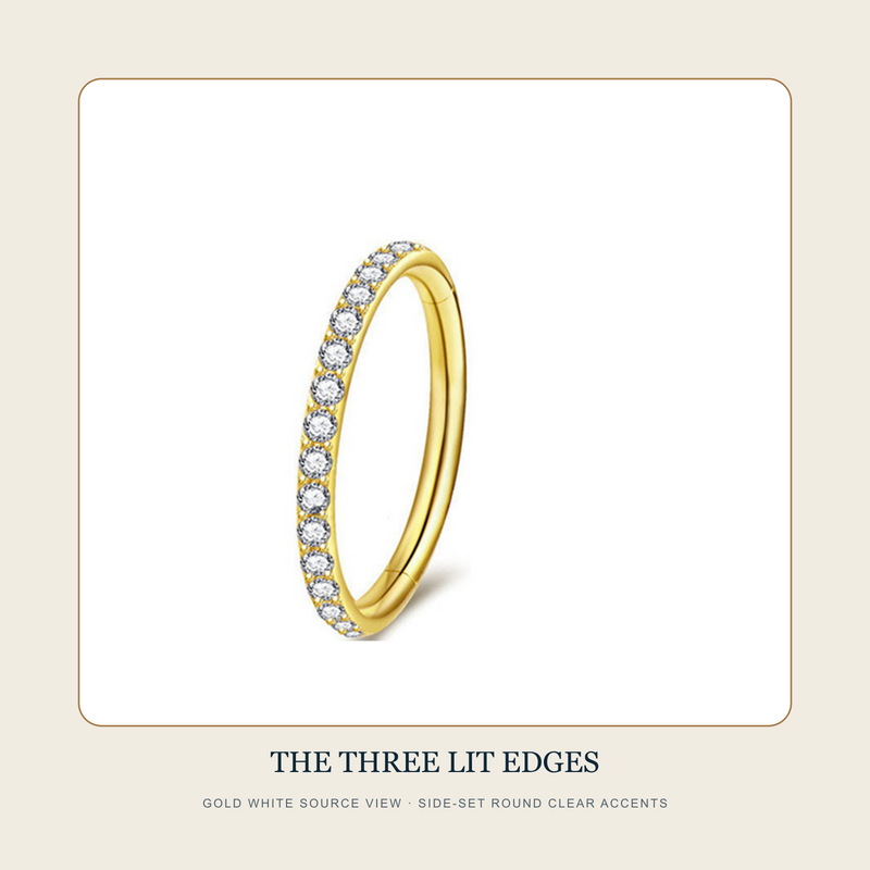Gold White source view of The Three Lit Edges hinged hoop with side-set clear round accents