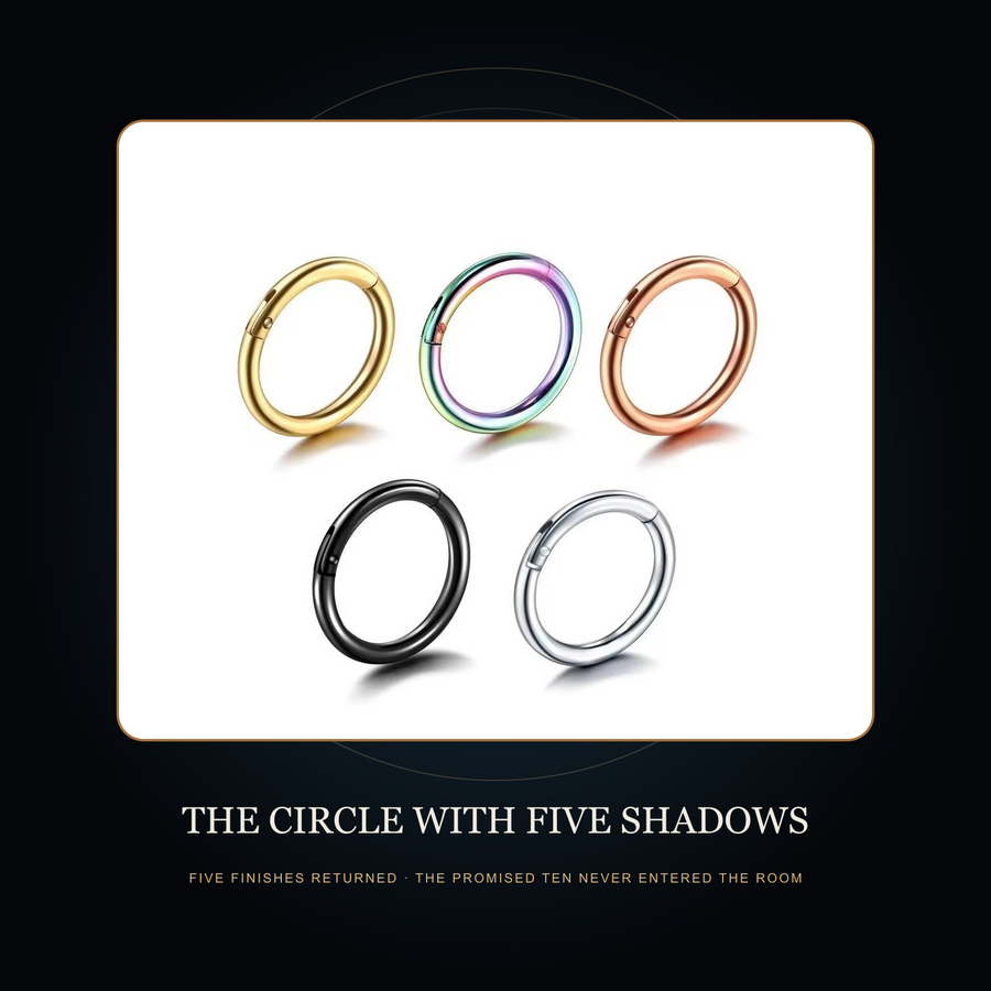 Five plain hoop finishes in the fictional Circle With Five Shadows story scene