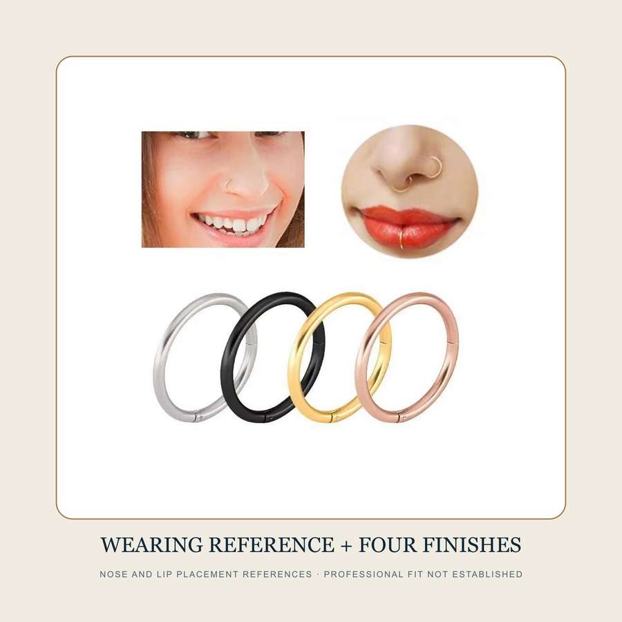 Source collage with nose and lip wearing references above four plain hoop finish samples