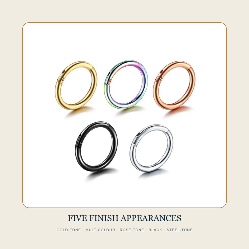 Five plain circular hoop source samples in gold-tone, multicolour, rose-tone, black and steel-tone appearances