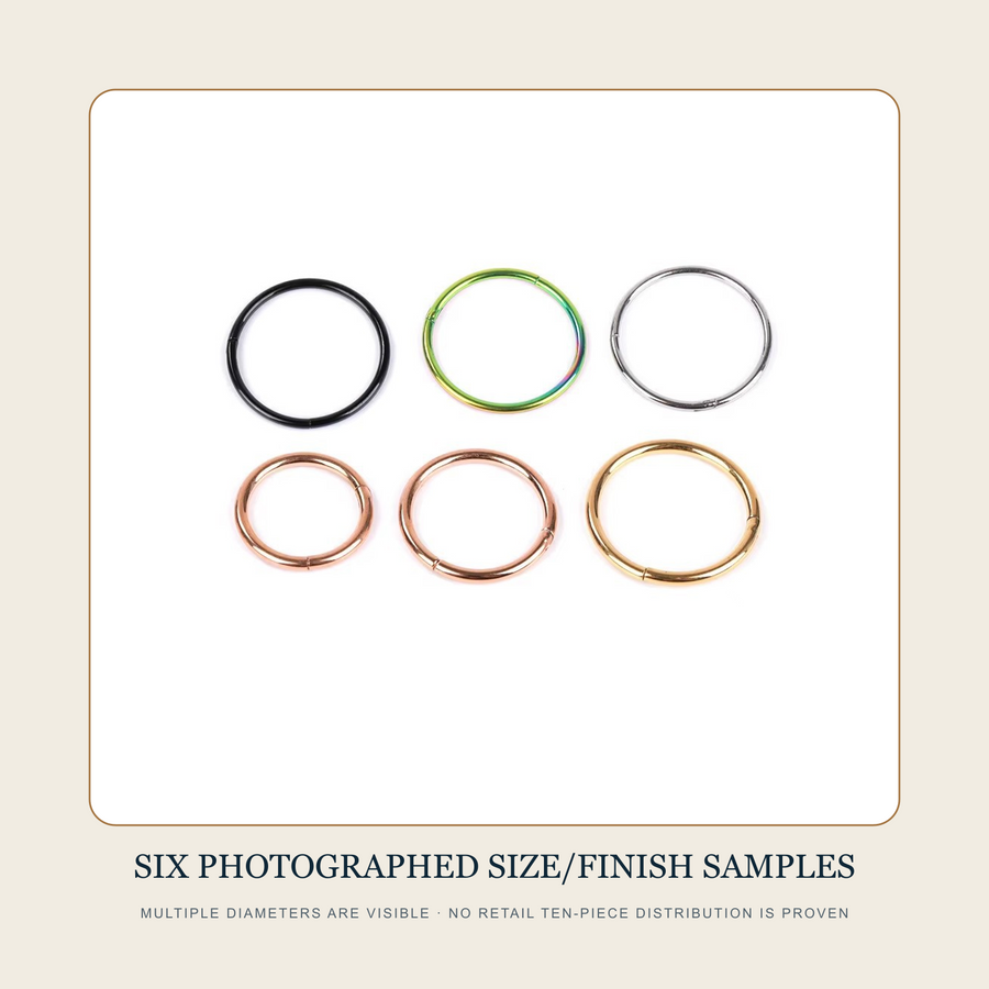 Six plain circular hoop source samples demonstrating several finishes and more than one visible diameter