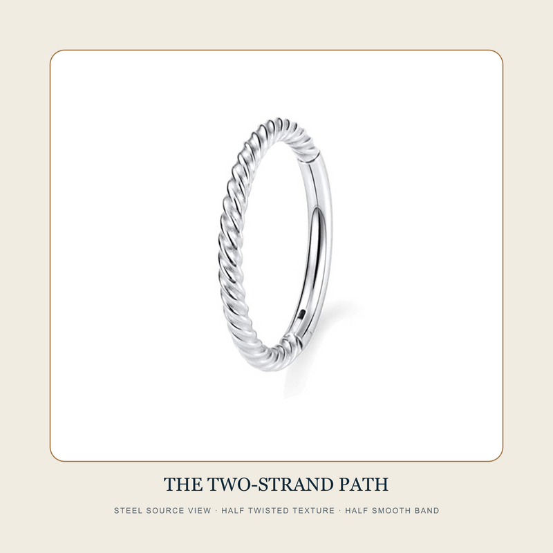 Steel source view of The Two-Strand Path hinged hoop with one twisted half and one smooth half
