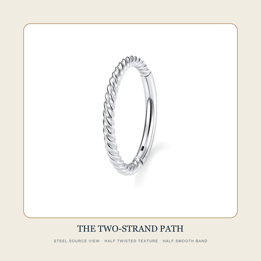 Steel source view of The Two-Strand Path hinged hoop with one twisted half and one smooth half