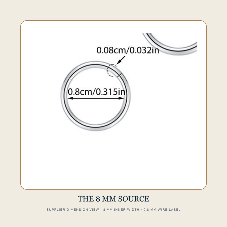 Supplier dimension view of The Closed Return 8 mm inner-width hoop with a 0.8 mm wire label