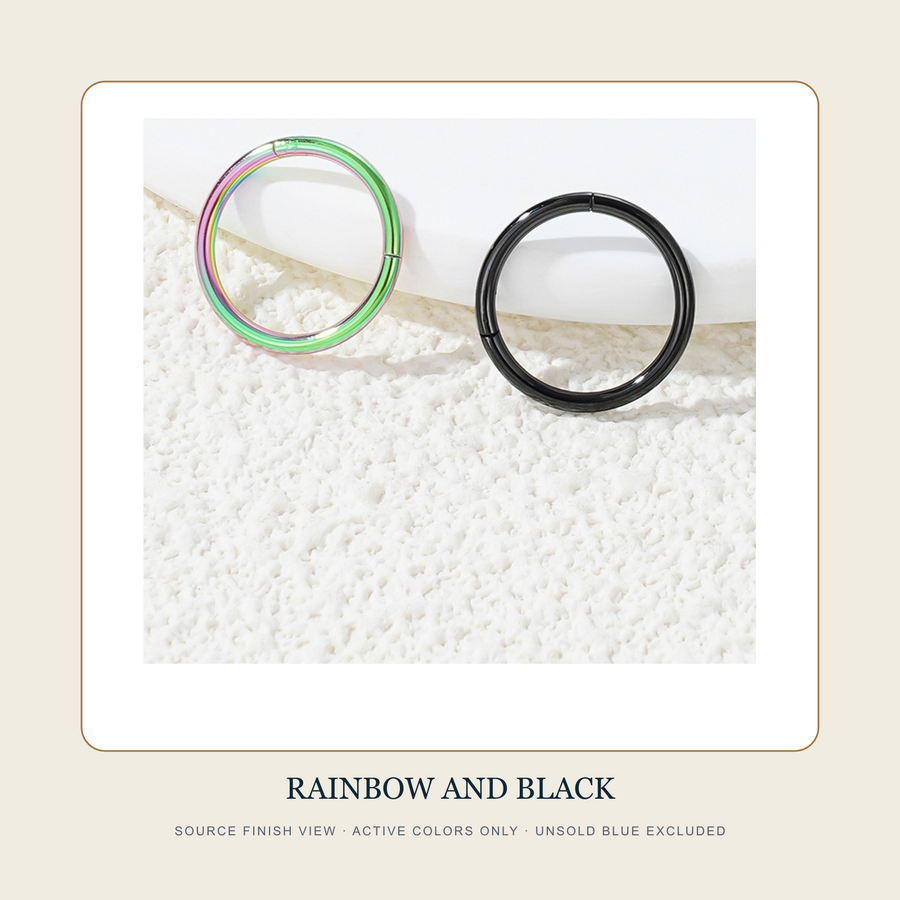 Source finish view of The Closed Return hinged segment hoops in Rainbow and Black appearances with unsold Blue excluded