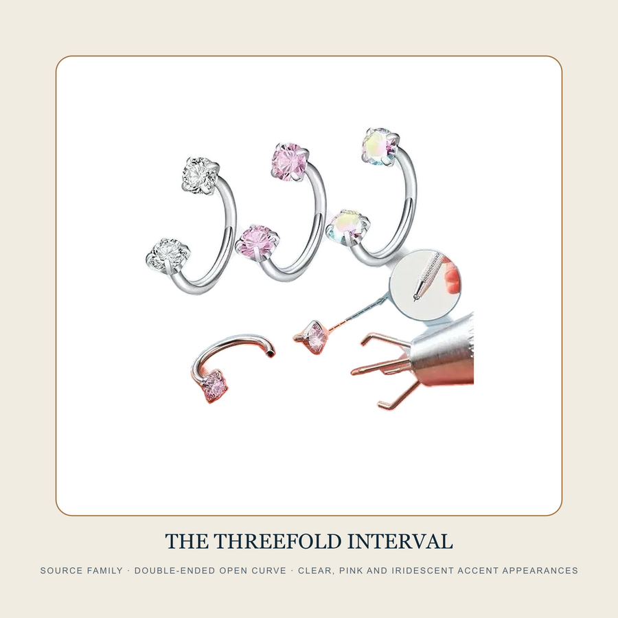 The Threefold Interval source family showing clear pink and iridescent double-ended open curved rings