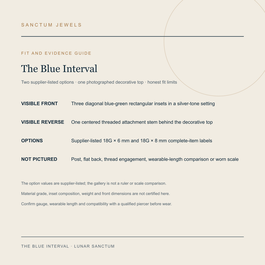 The Blue Interval English fit and supplier-listed 18G by 6 and 8 millimeter option evidence guide