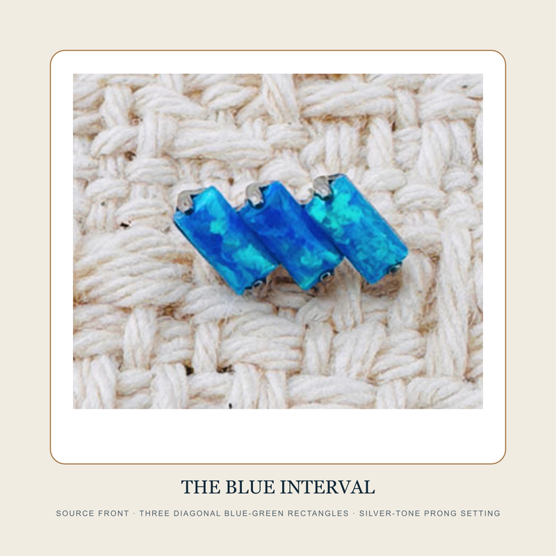 The Blue Interval source front showing three diagonal blue-green rectangular insets in a silver-tone prong setting