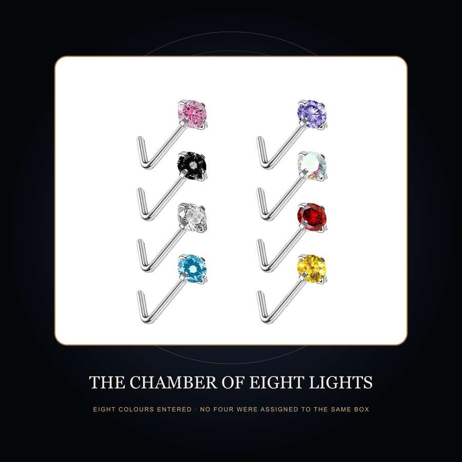 Eight L-bend colour samples in the fictional Chamber of Eight Lights story scene