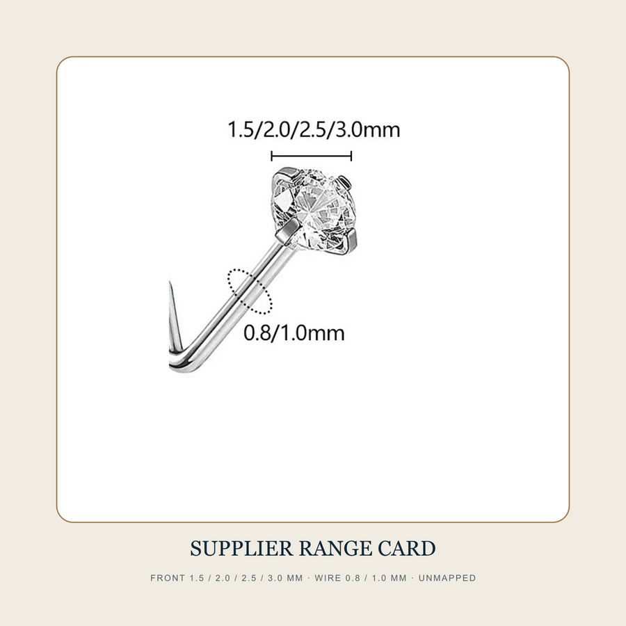Supplier dimension card showing a stud family with 1.5 to 3.0 millimeter fronts and 0.8 or 1.0 millimeter wire labels