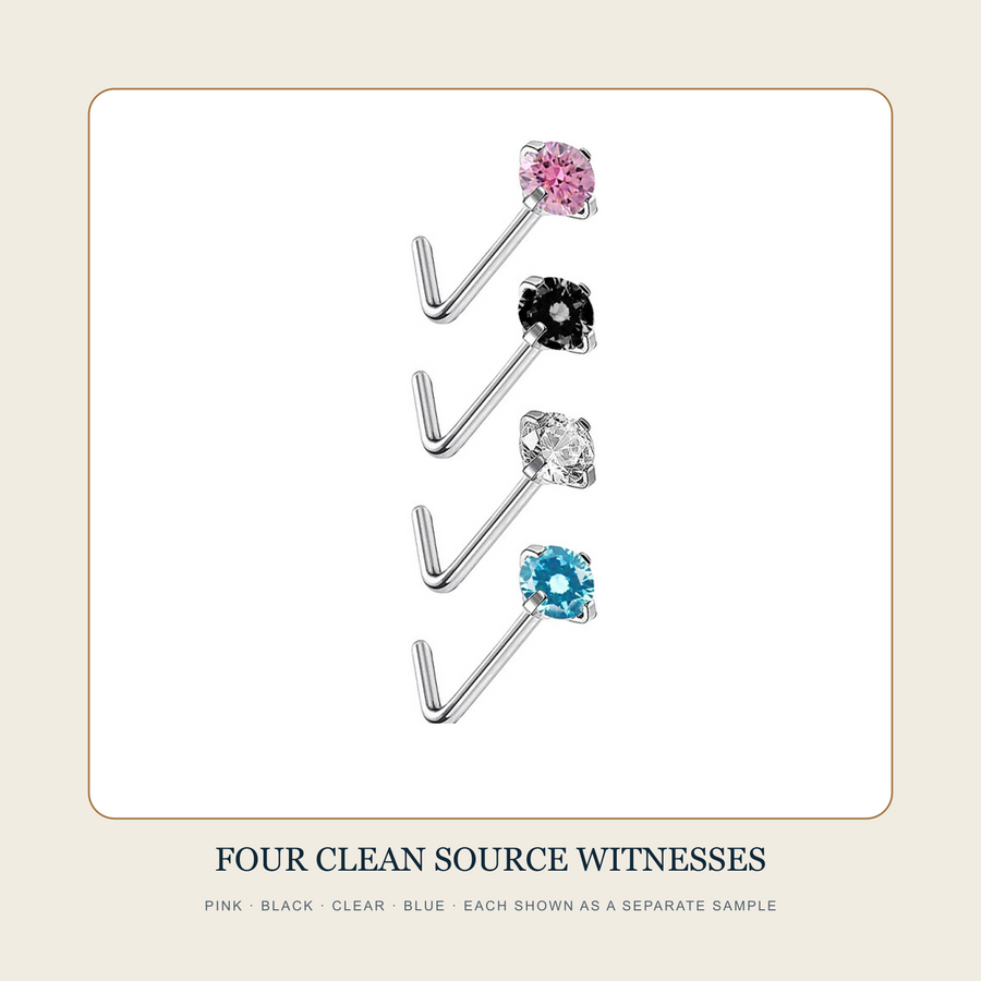 Four separate L-bend stud source samples in pink, black, clear and blue appearances
