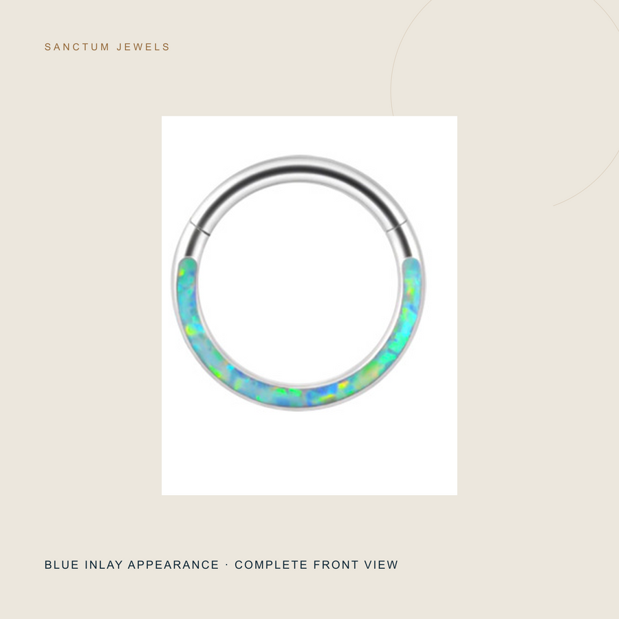 The Opal Orbit — Color-Inlay Hinged Hoop — blue inlay detail