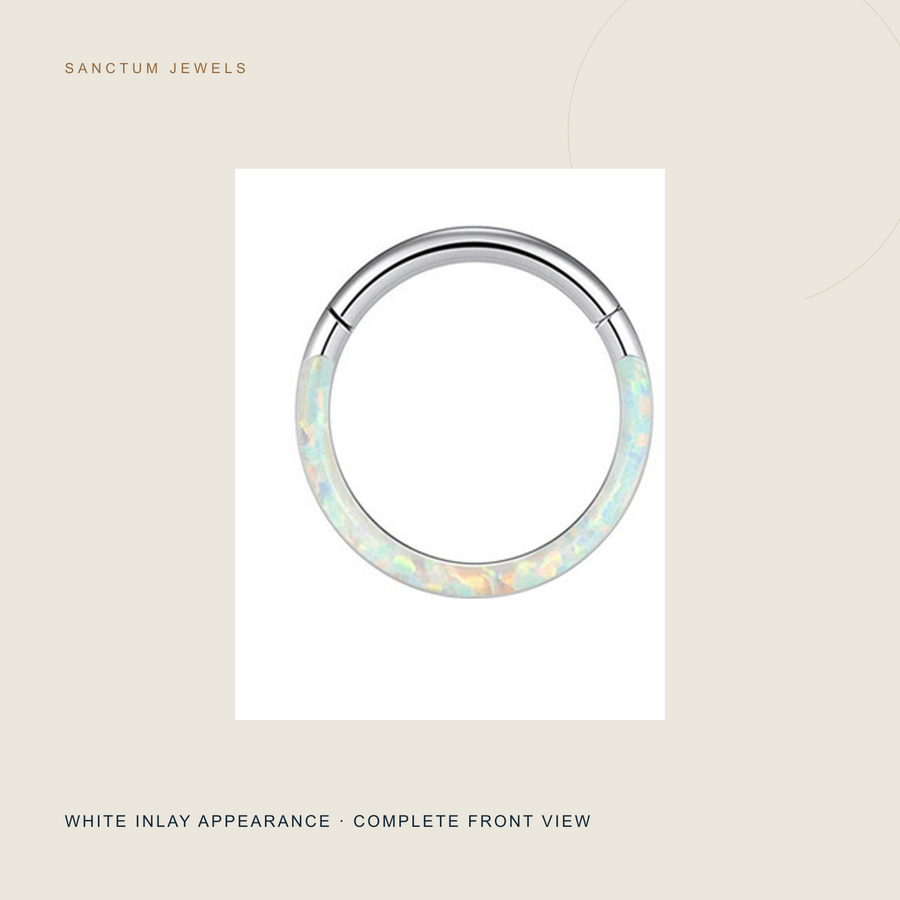 The Opal Orbit — Color-Inlay Hinged Hoop — white inlay detail
