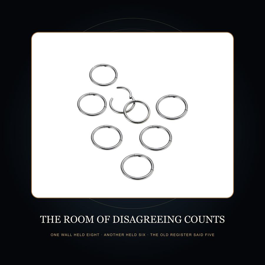 Eight plain hoops in the fictional Room of Disagreeing Counts story scene