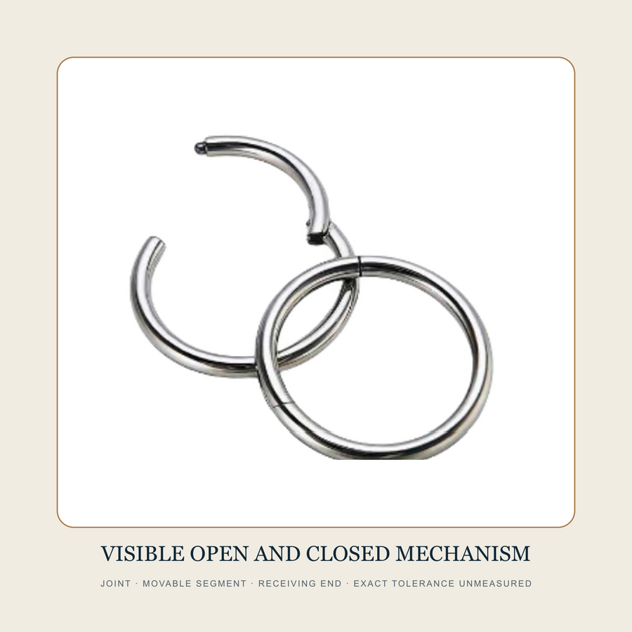 Close source view of a plain circular hoop in open and closed positions showing a visible joint and movable segment