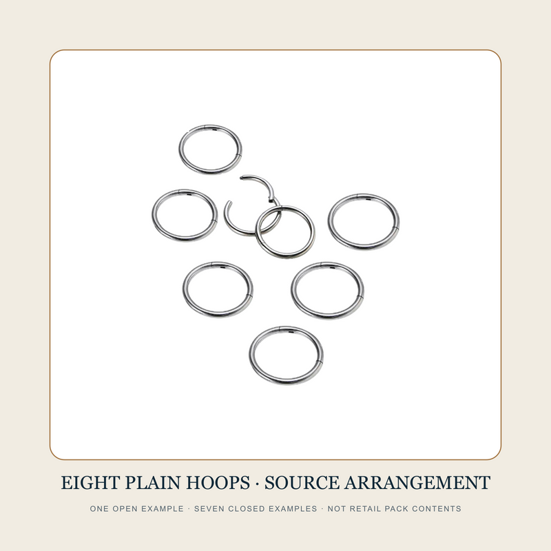 Eight plain steel-tone hoop source samples with one open segment example and seven closed examples