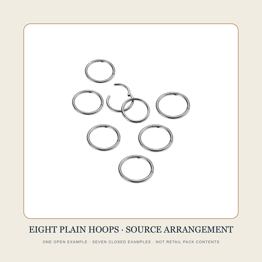 Eight plain steel-tone hoop source samples with one open segment example and seven closed examples