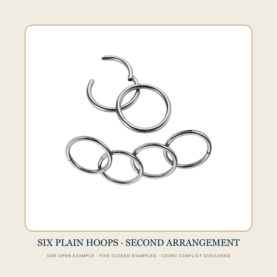 Six plain steel-tone hoop source samples with one open segment example and five closed examples