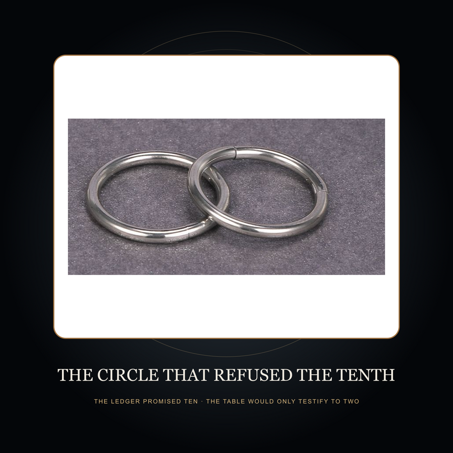 Steel-tone hinged hoops in the fictional Circle That Refused the Tenth story scene