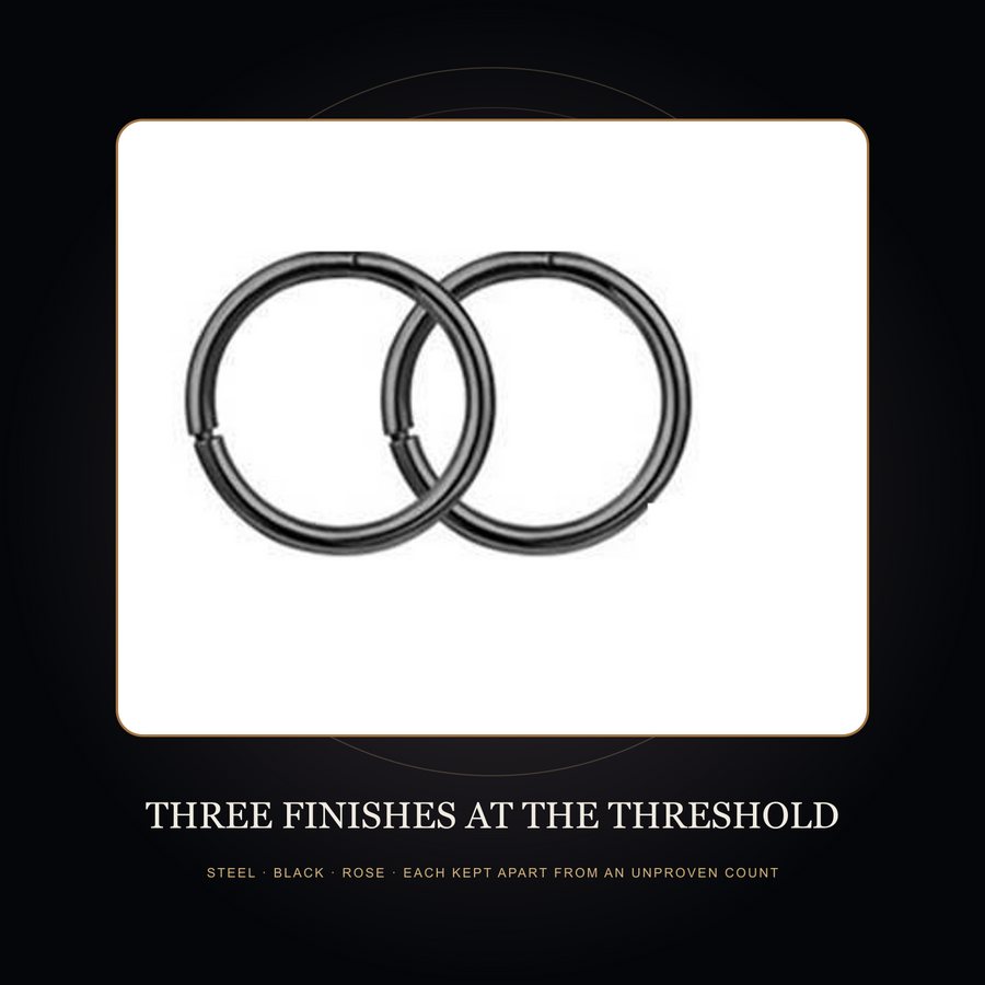 Black source hoop pair in the fictional Three Finishes at the Threshold story scene