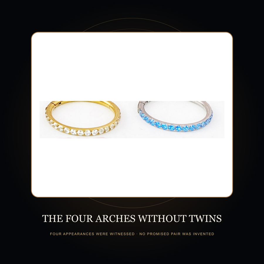 Gold-tone clear and steel-tone sea-blue hoop samples in the Four Arches Without Twins story scene