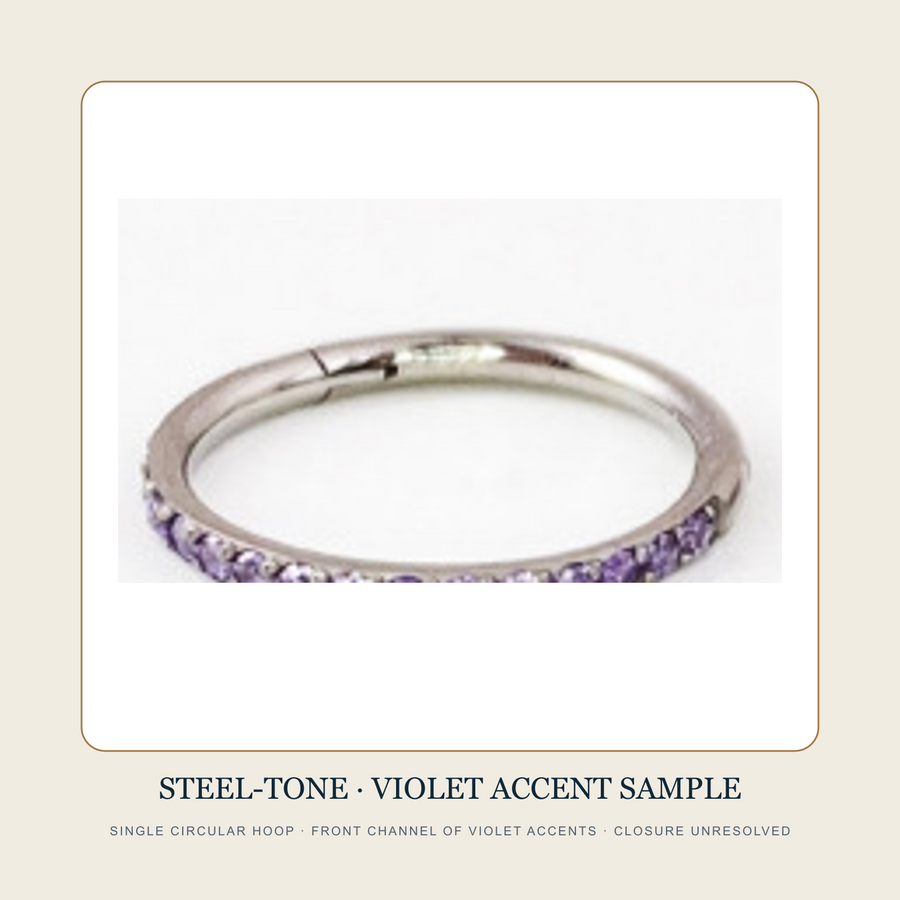 Steel-tone circular hoop source sample with a front channel of violet accents