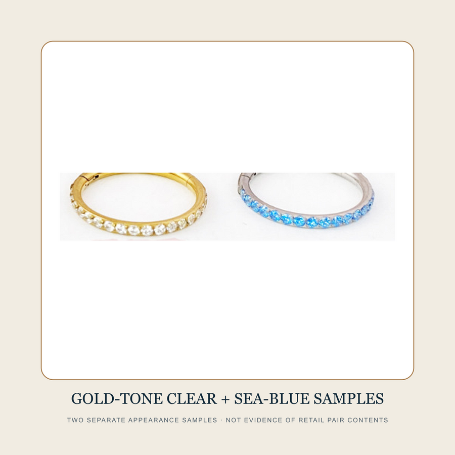 Separate gold-tone clear-accent and steel-tone sea-blue accent circular hoop source samples