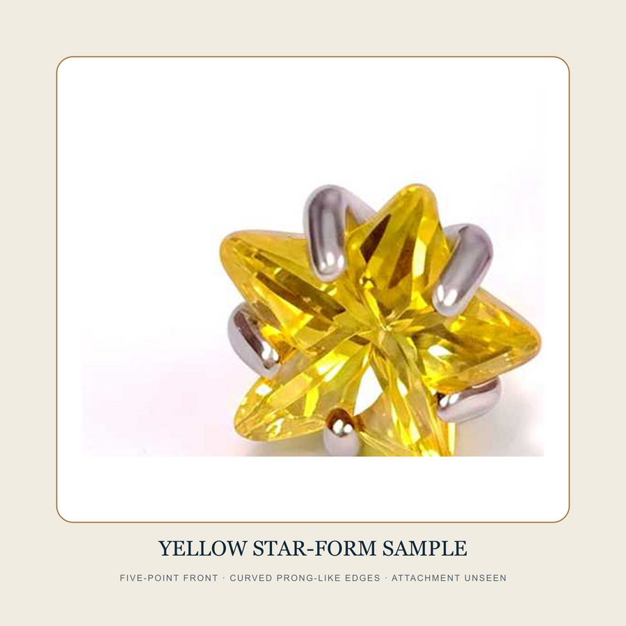 Clean yellow five-point star-form front source sample with curved prong-like edges
